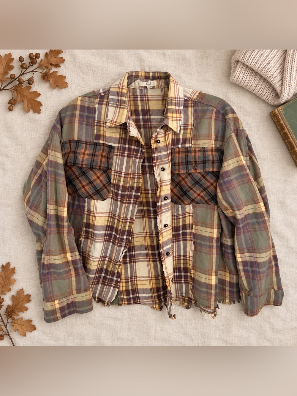 Easel Patchwork Plaid Shacket Raw Edge Boho Oversized Fall